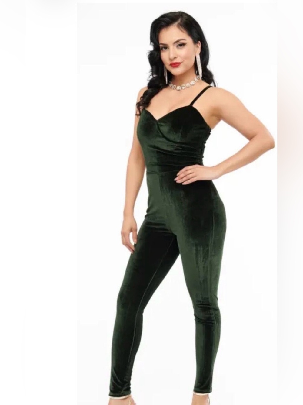 Unique Vintage Velvet Spaghetti-Strap Jumpsuit in Dark Green